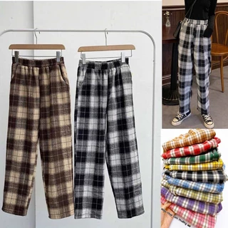 Q002 Quần ống rộng thô đũi kẻ caro cạp chun lưng cao cute, quần culottes ống suông dài karo vintage retro nam nữ