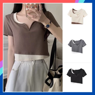 Áo croptop nữ ngắn tay phối màu độc đáo chất liệu len tăm thấm hút mồ hôi tốt áo croptop cổ v AT17 cách điệu hợp đi choi