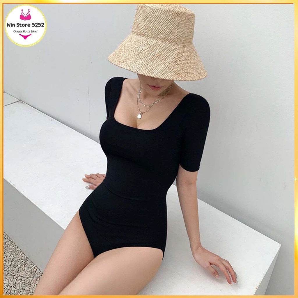 Bikini nữ đồ bơi đi biển liền thân tay ngắn khoét lưng dây ngang LT-045