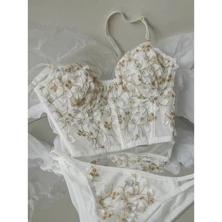 [Thanh Lí Giá Rẻ Nhất Shopee] Bộ Nội Y Corset Thêu Hoa Trắng Gồm Áo & Quần