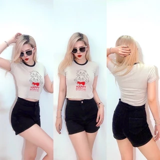 Áo croptop ôm thun lụa cát kem rũ phối viền đen in 2 con mèo