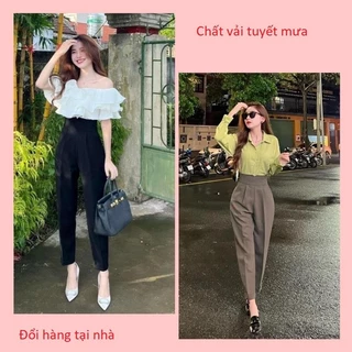 Quần baggy nữ cạp cao gen bụng cách điệu chữ V, khóa sau chất vải tuyết mưa vitex dày đẹp