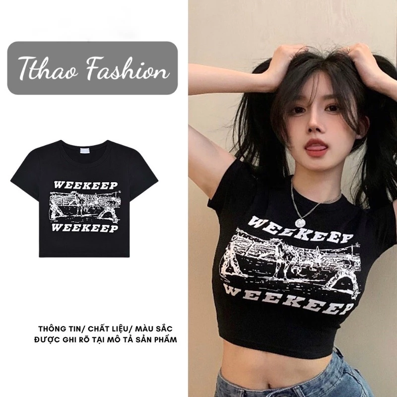 Áo Thun Croptop Tay Ngắn Cổ Tròn Hoạ Tiết In Chữ WEEKEEP Cá Tính