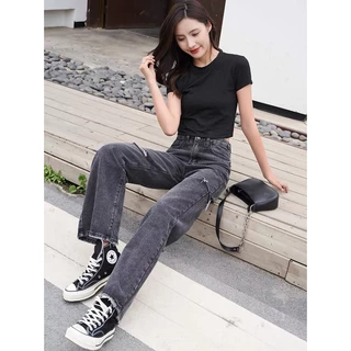 Quần Jean Ống Rộng Nữ Rách Gối Trendy Ulzzang Unisex Bomshopunisex