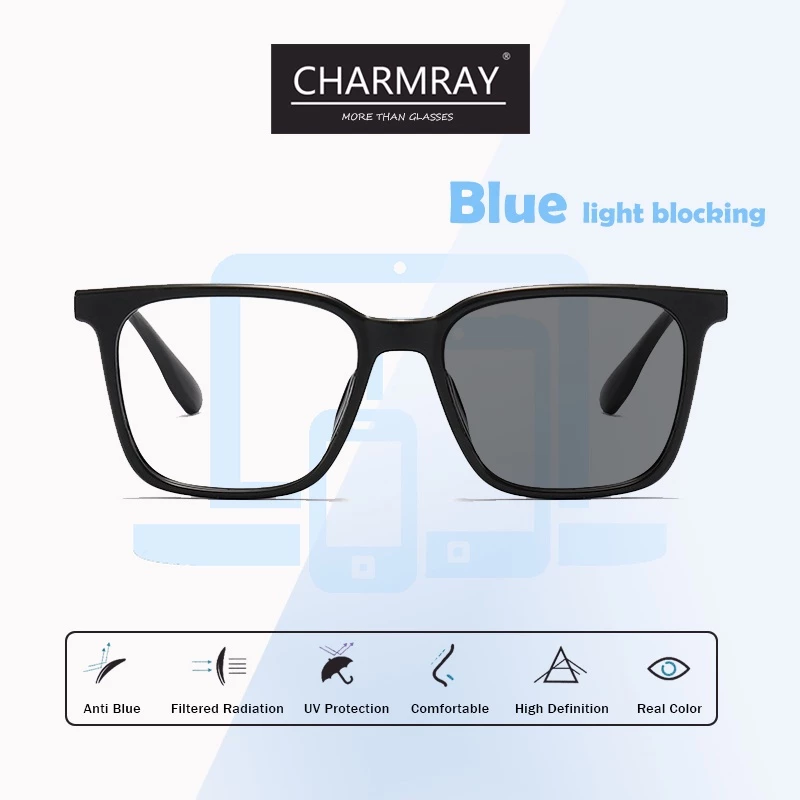 Mắt kính CHARMRAY đổi màu theo ánh sáng gọng vuông chống ánh sáng xanh chống bức xạ thiết kế đơn giản thời trang cho nữ