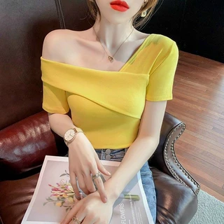 Áo croptop lệch vai 1 bên tay ngắn thun gân🦋🦋 alohastore1