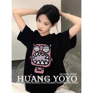 kumikumi HUANG YOYO Áo Thun Cotton Ngắn Tay Oversize In Hình Quái Vật Thời Trang Hàn Quốc Dành Cho Nữ