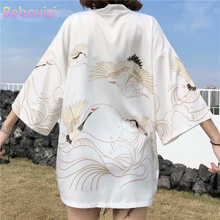 Áo Khoác Kimono Dáng Rộng In Họa Tiết Chim Hạc Thời Trang Nhật Bản Dành Cho Nữ