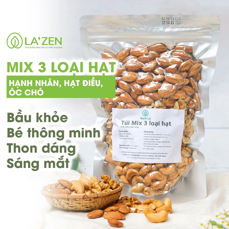 Hạt Mix 3 loại hạt dinh dưỡng (óc chó, hạnh nhân, hạt điều) loại A cao cấp La'zen