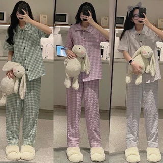 Bộ Ngủ Pijama Nữ Quần Dài JEMCLOSET Chất Vải Xốp Kẻ Caro Form Thoải Mái CARABA 8150