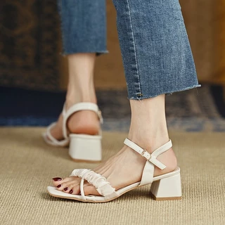 GIÀY SANDAL CAO GÓT PPS70 NỮ ĐÊ VUÔNG 5P MÀU ĐEN, TRẮNG SANG CHẢNH, QUÝ PHÁI