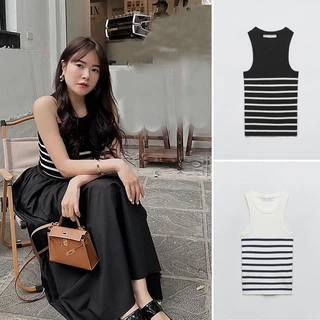 Zara 23 Mùa Xuân Phong Cách Mới Phong Cách Cơ Bản Sọc Cổ Tròn Không Tay Đan Top3471008 3471/008