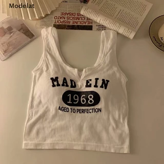 GJCUTE Mfc Áo Croptop Không Tay Cổ Chữ V Có Đệm Lót Ngực In Chữ Vintage Mùa Hè Cho Nữ WTD