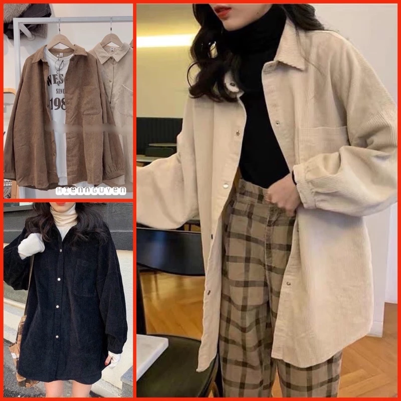 Áo sơ mi nhung tăm túi 1 bên nữ nam unisex dáng rộng tay dài phồng , áo khoác nhung tăm nam nữ unisex