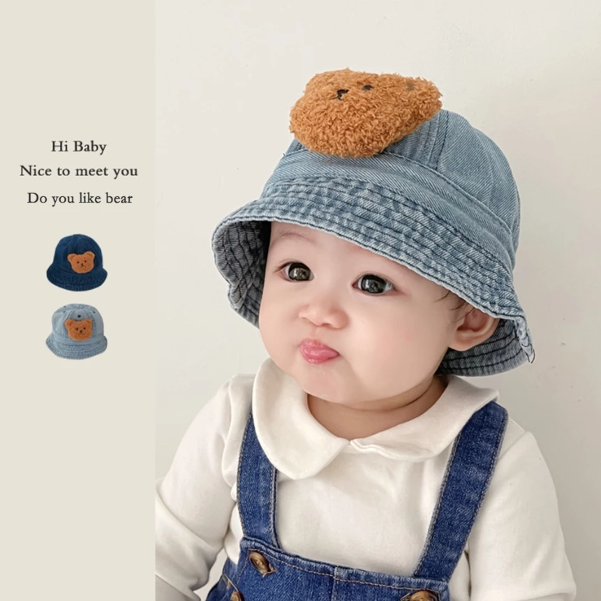 Nón Tai Bèo Vải Denim Chống Nắng In Hình Gấu Dễ Thương Cho Bé