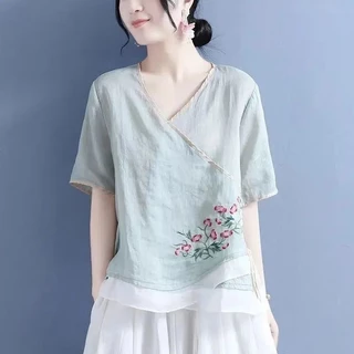 M-4xl Phiên Bản Rộng Size Lớn 2023 Mới Mùa Hè Vải Lanh Cotton Cổ Chữ V Nửa Tay Top Nữ Màu Khóa Viền Giả Đa Giác Nút Đôi Phong Cách Retro Áo Sơ Mi Trà Quần Áo