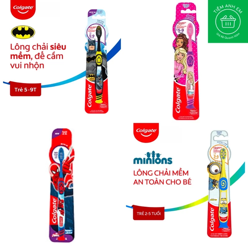 Bàn chải cho bé Colgate lông siêu mềm Spiderman/Batman/Barbie Girl 5 - 9 tuổi/ Minion 2-5 tuổi