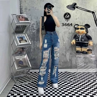 Quần jean nữ ống rộng, quần bò màu xanh đậm cạp cao rách tua rua cá tính siêu đẹp Lê Huy Fashion MS 3664