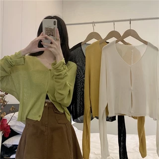 NUZIRO Áo khoác cardigan  dệt kim mỏng tay dài cổ chữ V màu đơn giản phong cách Hàn Quốc