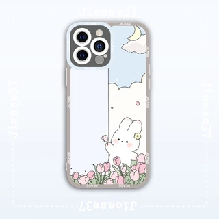 Ốp lưng iphone samsung xiaomi oppo cạnh vuông Jicase JMcase Thỏ Trắng Hoa Tulip White Rabbit Cute