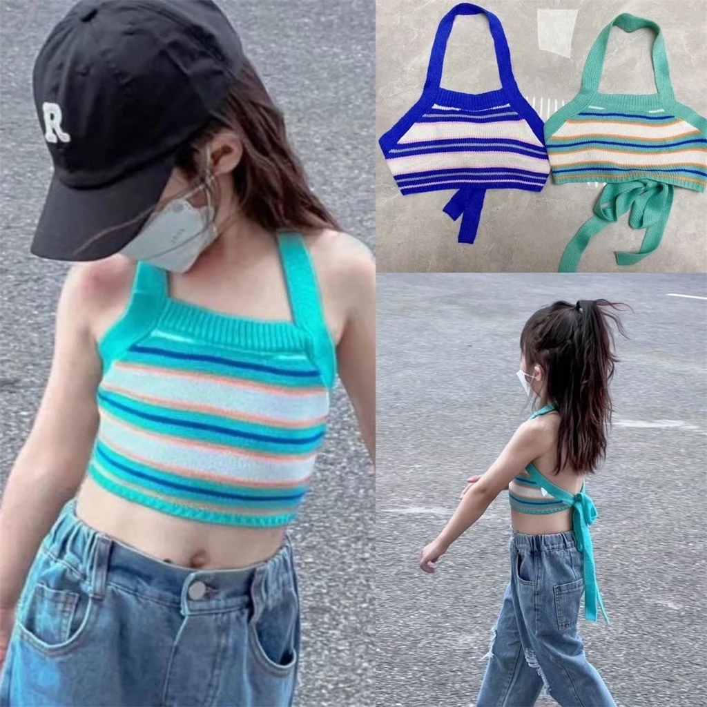 Áo Croptop Sát Nách Cột Dây Kẻ Sọc Thời Trang Mùa Hè Xinh Xắn Cho Bé Gái