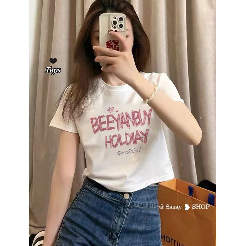 Áo thun ngắn tay crop top màu trắng dành cho nữ mùa hè ngọt ngào và cay thon gọn thiết kế Hàn Quốc hàng đầu