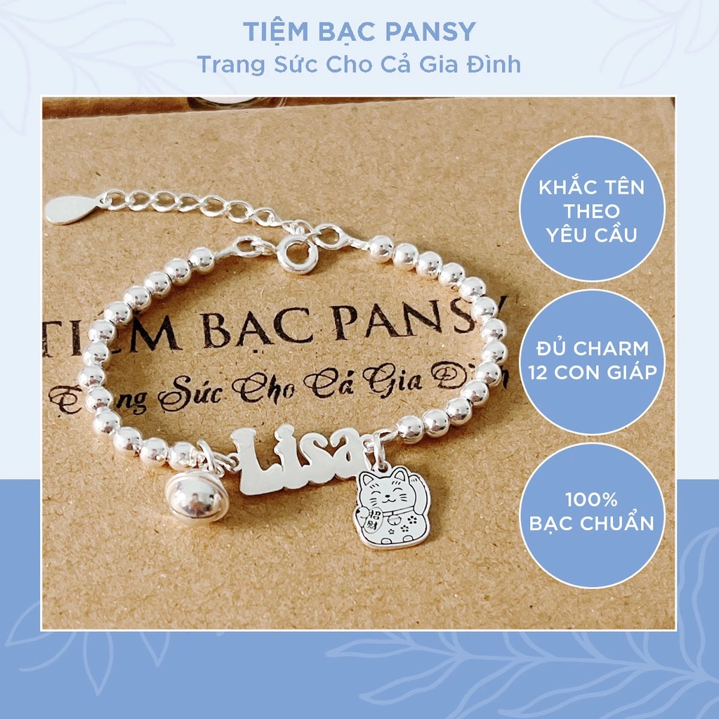 Lắc bạc cho bé khắc tên PANSY có chuông và hình con giáp theo tuổi - Vòng bạc trẻ em dạng dây lắc bi xinh xắn