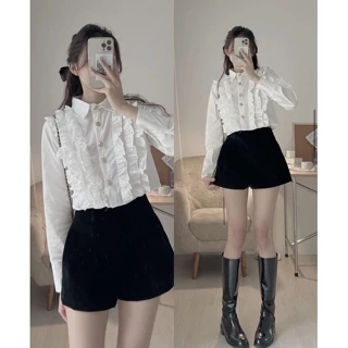 [NEW]ÁO SƠMI CROPTOP VIỀN BÈO HOÀNG GIA CÚC ĐỒNG