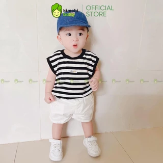 Bộ Cộc Tay Bé Trai Vải Cotton Họa Tiết Kẻ Ngang Quần Thô Trắng Tay Hến Hàn Quốc, Đồ Bộ Cho Bé Mặc Đi Chơi, Đi Học CK44