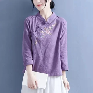 M-4xl 2023 Mới Cotton Nguyên Chất Vải Lanh Mùa Thu Đứng Cổ Nút Thêu Dài Tay Top Nữ Phong Cách Retro Áo Sơ Mi Retro