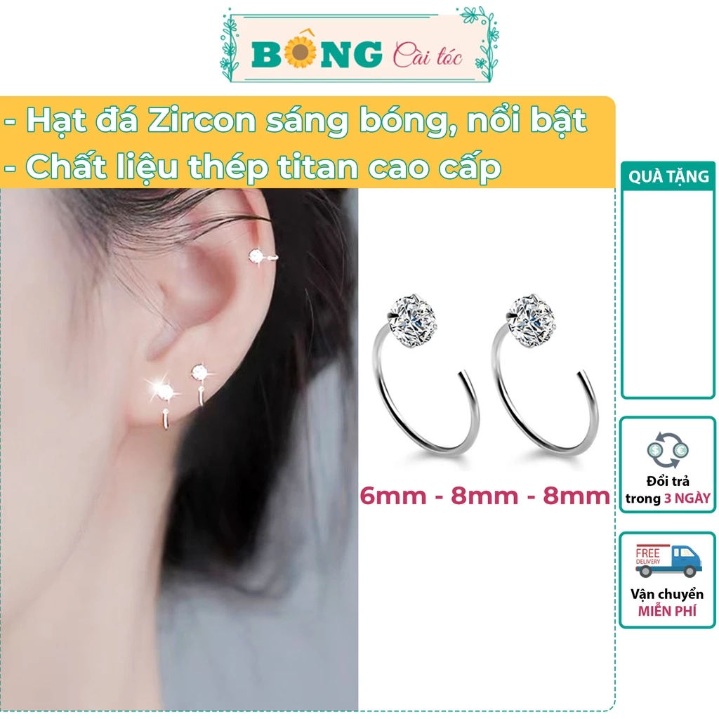 Bông tai titan unisex tròn đính đá Zircon dạng móc câu phong cách Hàn Quốc BT140 - khuyên tai BÔNG Cài Tóc