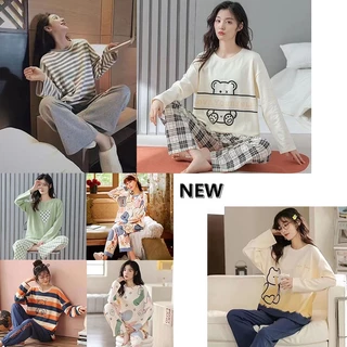 Bộ Đồ Ngủ Dài Tay Form Rộng Bằng Cotton Phong Cách Hàn Quốc Hàng Mới Dành Cho Bạn Nữ Mặc Ở Nhà