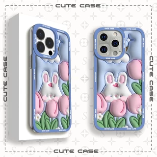 Ốp lưng iphone cạnh vuông Jicase Thỏ Trắng White Rabbit Hoa Tulip Hồng