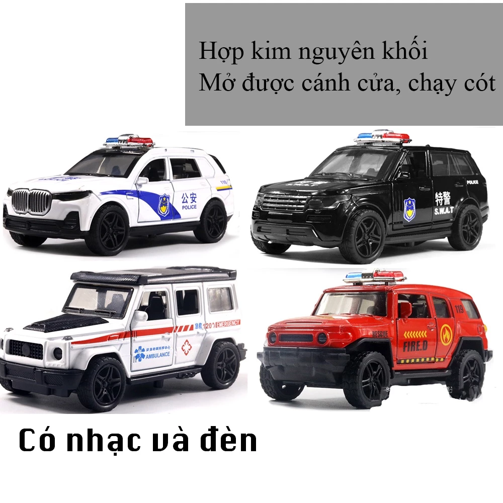 Đồ chơi xe cảnh sát, xe cứu hoả, xe cứu thương bằng hợp kim có nhạc và đèn chạy cót