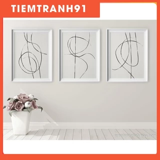 Tranh treo tường | Bộ 3 bức Line Art, Black & White Abstract Line Art