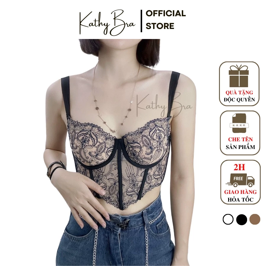 H16 Áo Bra Ren Bralette KATHY BRA Kiểu Dáng Croptop Vạt Nhọn Tôn Eo Có Gọng Có Mút Mỏng Hoa Thêu Siêu Xinh