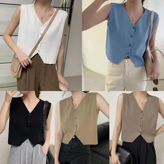 Áo Tank Top Dệt Kim Cổ Chữ V Màu Sắc Đơn Giản Cho Nữ