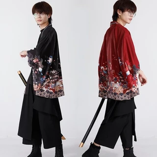 Áo Khoác Kimono Màu Đỏ Đen Dáng Rộng Phong Cách Samurai Nhật Bản Thời Trang Mùa Hè Cho Nam Và Nữ