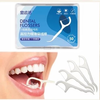 Hộp 50 Chiếc Tăm Chỉ Nha Khoa Dental, vệ sinh kẽ răng chân nướu chuyên dụng.