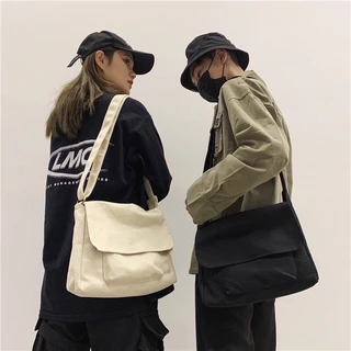 Túi tote giá rẻ vải canvas đeo chéo đi hoc unisex phong cách ulzzang, túi canvas nắp trơn