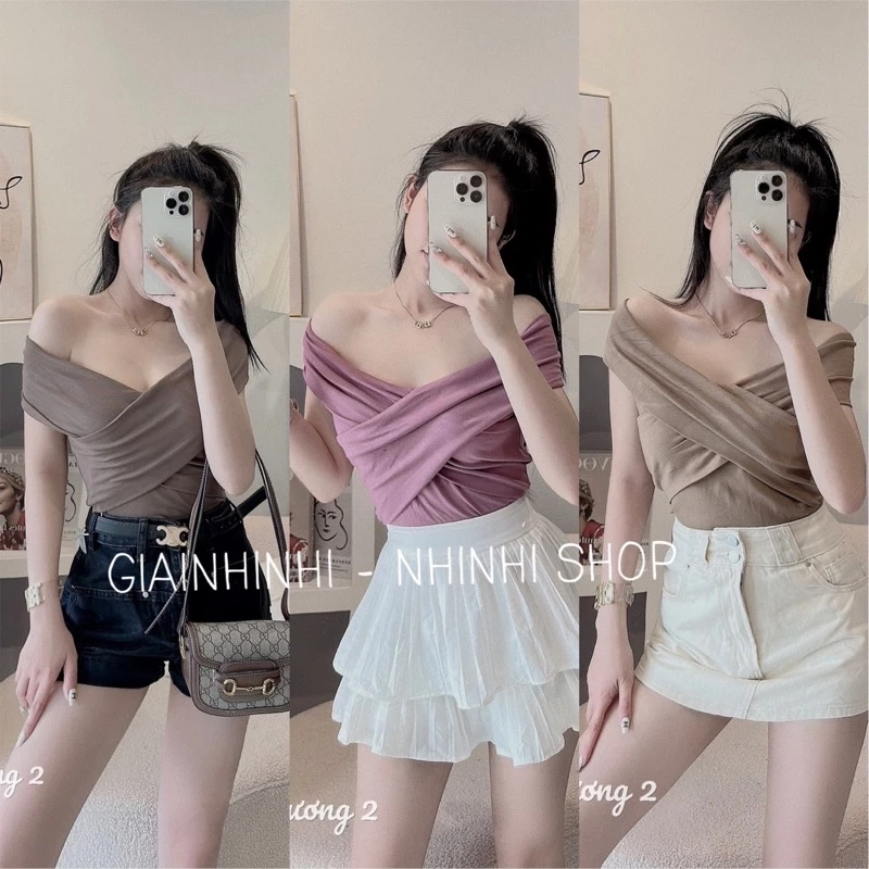 Xả hàng - Áo thun kiểu dáng ôm chéo vai, Áo phông trễ vai sexxy AT6425 - NhiNhi Shop