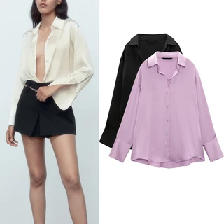 Zara Áo Mùa Thu Phong Cách Mới Thời Trang Đi Lại Ve Áo Rời Tay Dài Drape Áo Sơ Mi Satin8741256 7969046