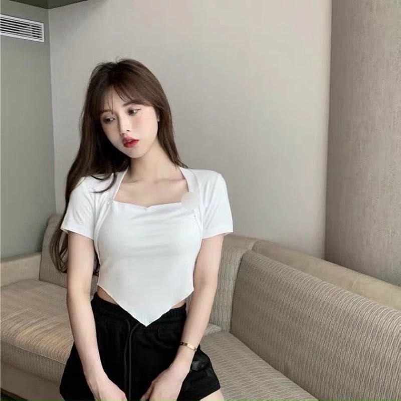 Áo croptop ôm body cổ vuông vạt yếm xinh-Áo kiểu tay ngắn cotton mềm mịn co giãn 4 chiều TONGKHOSI