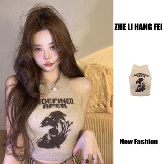 ZHELIHANGFEI Áo Croptop Dệt Kim Không Tay Lưng Cao Gợi Cảm Cho Nữ