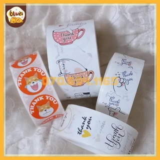 Cuộn 500 tem dán sticker tròn thankyou decor gói hàng, niêm phong hàng hóa dễ thương