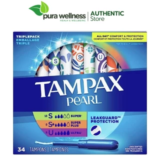 Tampax Pearl Tampons 34 miếng Super, Super Plus, Ultra cán nhựa siêu thấm không mùi