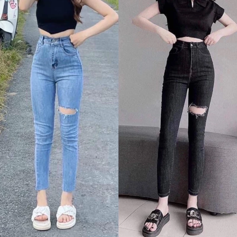 Quần jeans ôm rách bên đùi co giãn