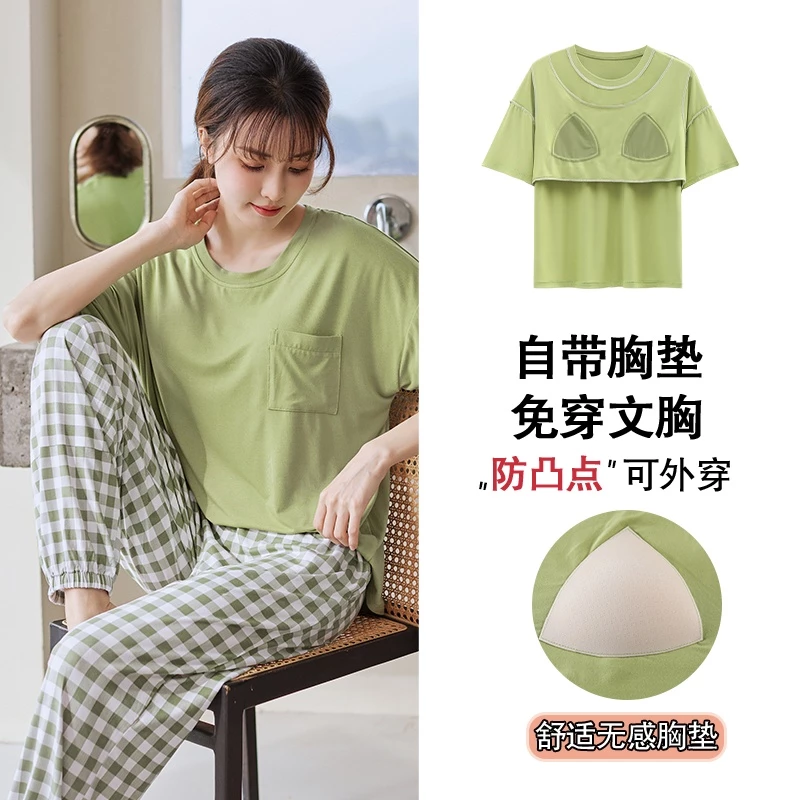 Bộ Đồ Ngủ Cotton Tay Ngắn Có Đệm Ngực Họa Tiết Sọc Đơn Giản Dành Cho Nữ