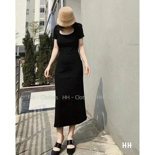 Váy thun maxi xoè A nhẹ cổ vuông dáng dài, Đầm thun form ôm VS21 - NhiNhi Shop