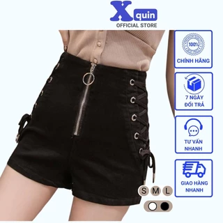 Quần short nữ lưng cao đan dây 2 bên phối dây kéo chính giữa Xquin, Quần đùi nữ cạp cao ôm body siêu tôn dáng